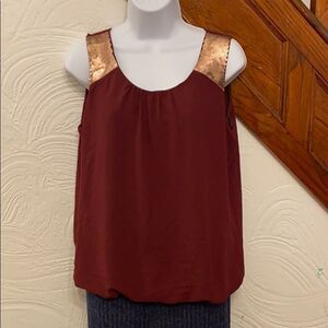LOFT Blouse Women Burgundy Sequin Shoulder Bubble Hem Medium‎